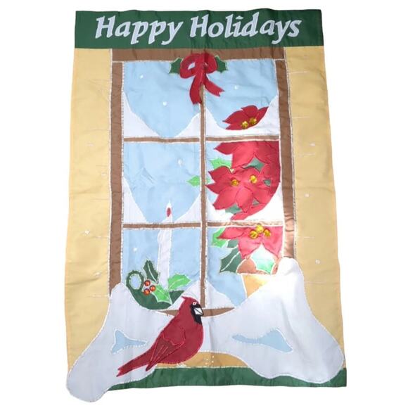 Embroidered Happy Holidays Flag Double Side 29.5"x43.5" Winter Window Snow Holly - Picture 1 of 13